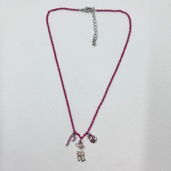 Rudolf, Candy Cane & BFF Enamel Charms 15” Pink Chain Necklace - Picture 4 of 7